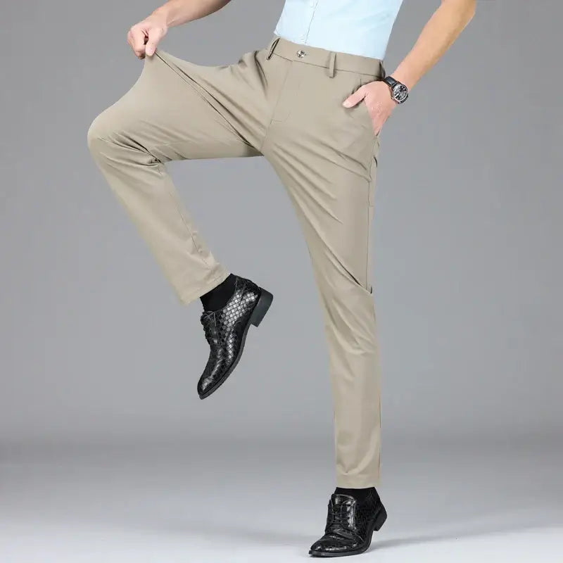 The Everyday Pants for men, showcasing flexible fit in breathable ice silk, perfect for work, casual outings, and travel.