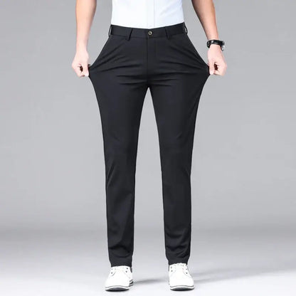 The Everyday Pants for men showcasing flexible fit and breathable ice silk fabric, perfect for casual wear, work, and travel.