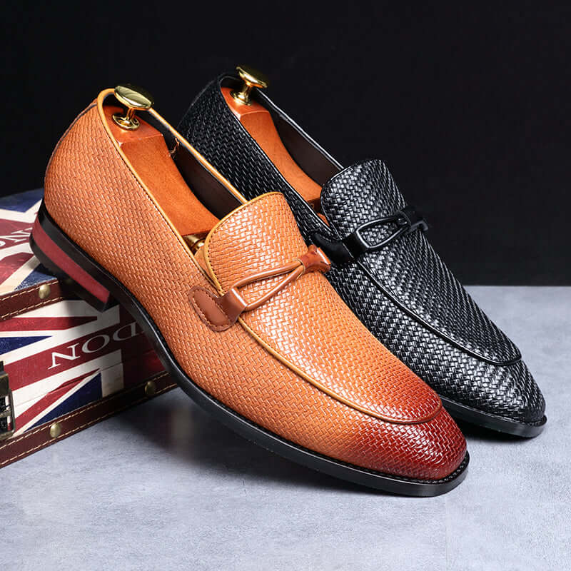 Ferraro Genuine Leather Loafers in brown and black, showcasing an embossed texture with luxury and slip-on comfort for formal style.