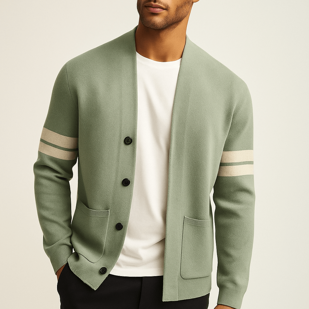 Giancarlo Cardigan for men in soft merino wool blend, featuring sleeve stripes and front pockets, ideal winter knitwear for warmth and layering.
