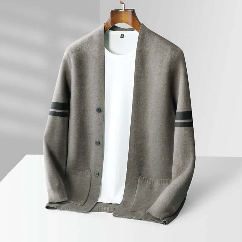 Giancarlo Cardigan for men in merino wool blend, minimalist design with sleeve stripes, offering warmth and comfort; ideal winter knitwear choice.