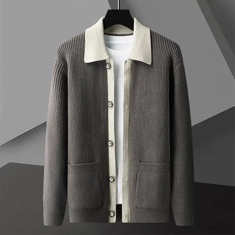 Harrison Knit Cardigan - men's winter sweater with contrasting collar and pockets for cozy layering and warmth, ideal winter knitwear men
