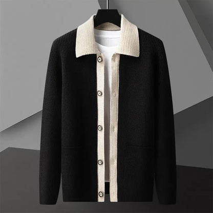Harrison Knit Cardigan, men's winter sweater with contrasting collar, soft midweight fabric offering warmth and comfort for stylish layering.