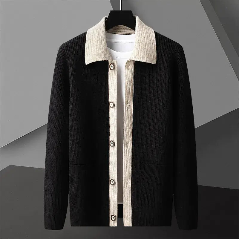 Harrison Knit Cardigan, men's winter sweater with contrasting collar, soft midweight fabric offering warmth and comfort for stylish layering.