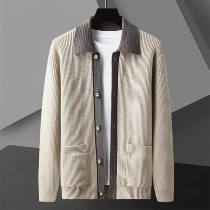 Harrison Knit Cardigan for men's winter fashion, warm, soft, and cosy knitwear with contrasting collar, perfect for layering and everyday comfort.