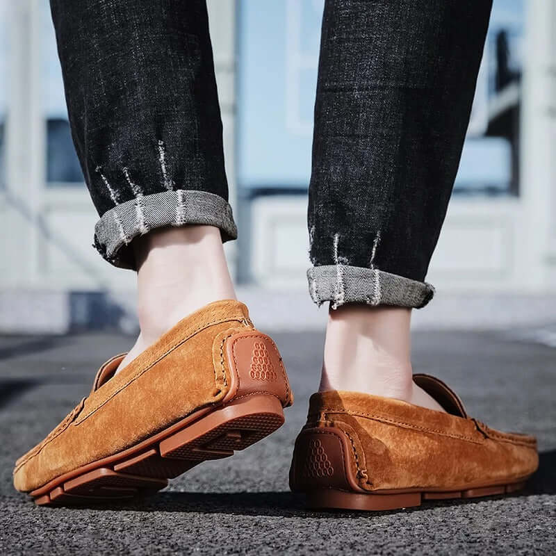Lazio Suede Loafers in premium Italian suede for men's formal style, showcasing hand-stitched craftsmanship and luxurious slip-on comfort.
