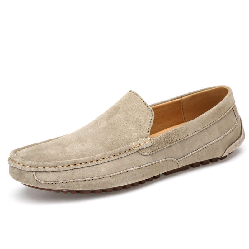 Lucera Slip-On Loafers in beige suede with flexible sole, showcasing elegant design for men's formal and off-duty style.