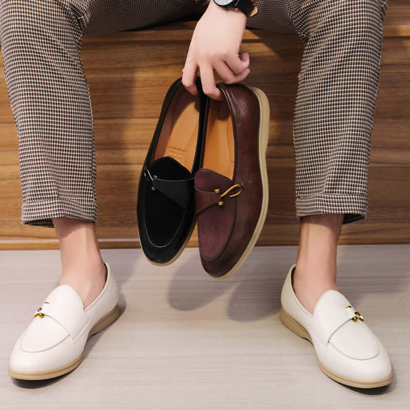 Matteo Leather Loafers showcasing elegant suede accents and a stylish hook detail, embodying premium comfort and slip-on convenience for formal occasions.
