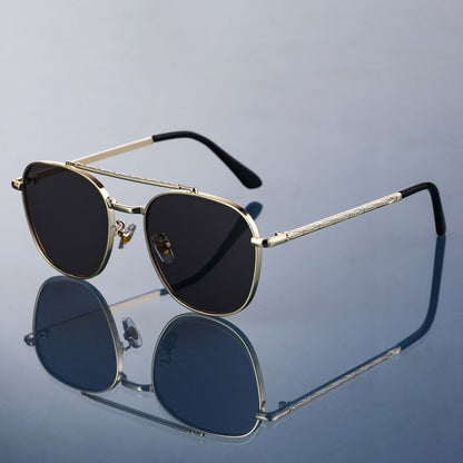 Maverick Shades: Men's UV protection polarized sunglasses with gold accents, ideal for driving, travel, and outdoor activities.