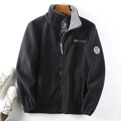 Men's hooded jacket with double-layer lining, black, zip closure, high collar, displayed on hanger, ideal for winter and casual wear.