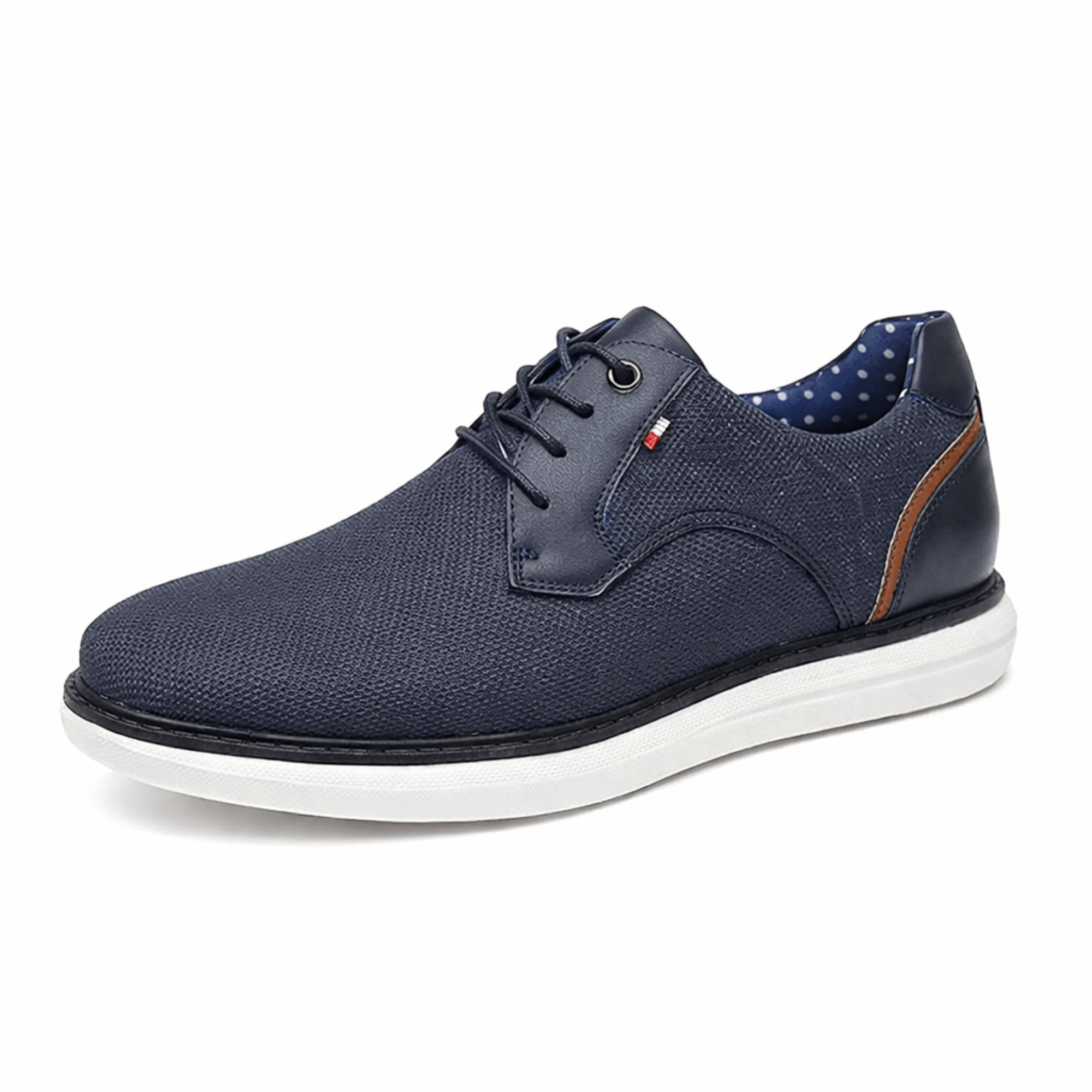 Men’s Casual Leather Shoes with Laces, non-slip blue shoe with white sole, side view with lace-up design.