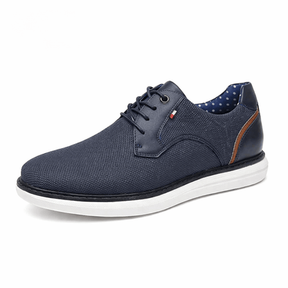 Men’s Casual Leather Shoes with Laces, non-slip blue shoe with white sole, side view with lace-up design.