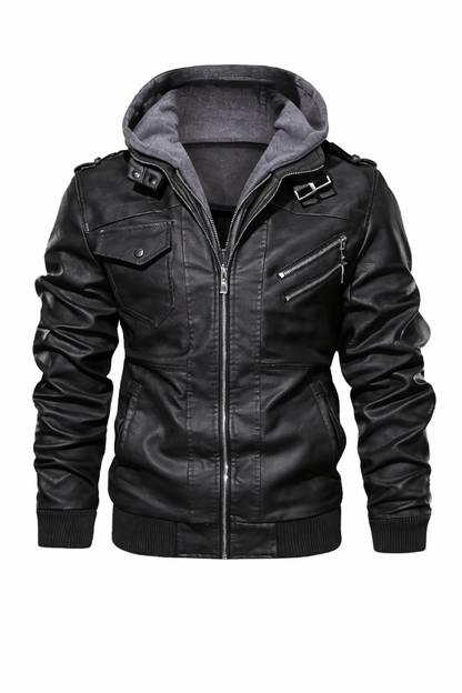 Men’s Leather Jacket in classic fit urban style with hoodie and zipper pockets, perfect for stylish comfort.