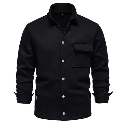 Men's premium winter jacket in black with button front and pocket design.