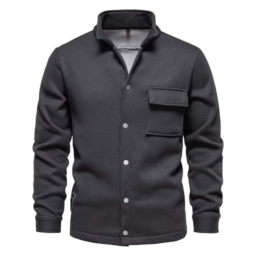 Men's premium winter jacket in dark gray with button closure and front pocket, stylish and warm for winter fashion.