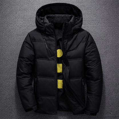 Mens Winter Down Jacket - Arctic Urban, black color, with hood and zipper, displayed against gray background