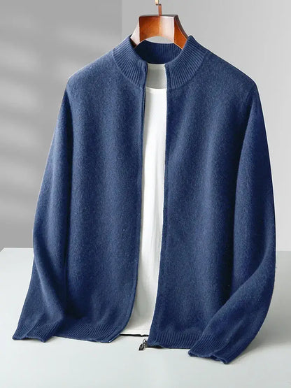 Merino Crest Cardigan for men, knitted from 100% premium merino wool, showcasing a seamless, warm and soft design perfect for winter wear.