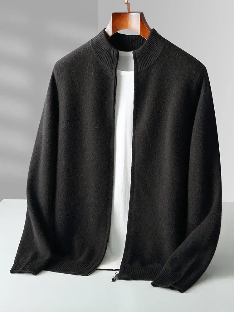 Merino Crest Cardigan men's winter sweater in soft, warm merino wool, showcasing seamless, skin-friendly design with full-length zipper for cozy layering.