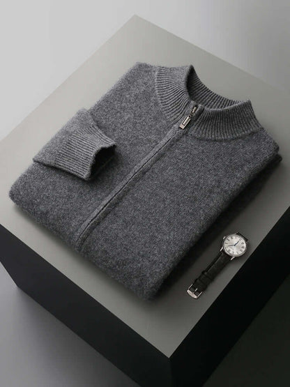 Merino Crest Cardigan folded, showcasing soft, warm, 100% merino wool; perfect men's winter sweater for layering and everyday wear.