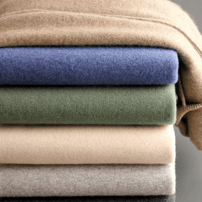 Stack of folded Monaco Hoodie in various colours, showcasing ultra-soft merino wool fabric, ideal for men's winter wear and layering.