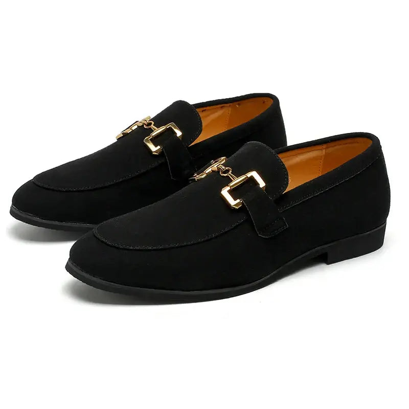 Montaro Suede Loafers - elegant men's leather loafers with gold accents, slip-on comfort, and orthopedic insole for formal style and luxury.