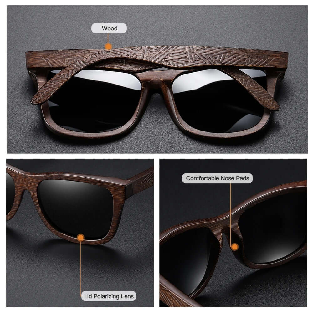 Natural Bamboo Polarized Shades for UV protection, stylish men’s sunglasses with polarized lenses for driving, travel, and outdoor use.