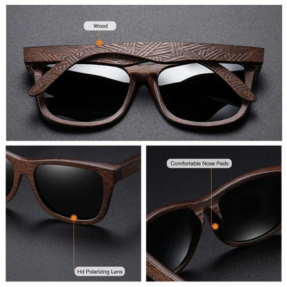 Natural Bamboo Polarized Shades for UV protection, stylish men’s sunglasses with polarized lenses for driving, travel, and outdoor use.