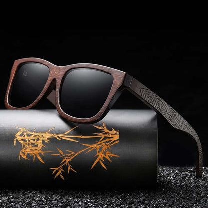 Natural Bamboo Polarized Shades - UV protection sunglasses with artisan engraved frames for driving and outdoor activities.