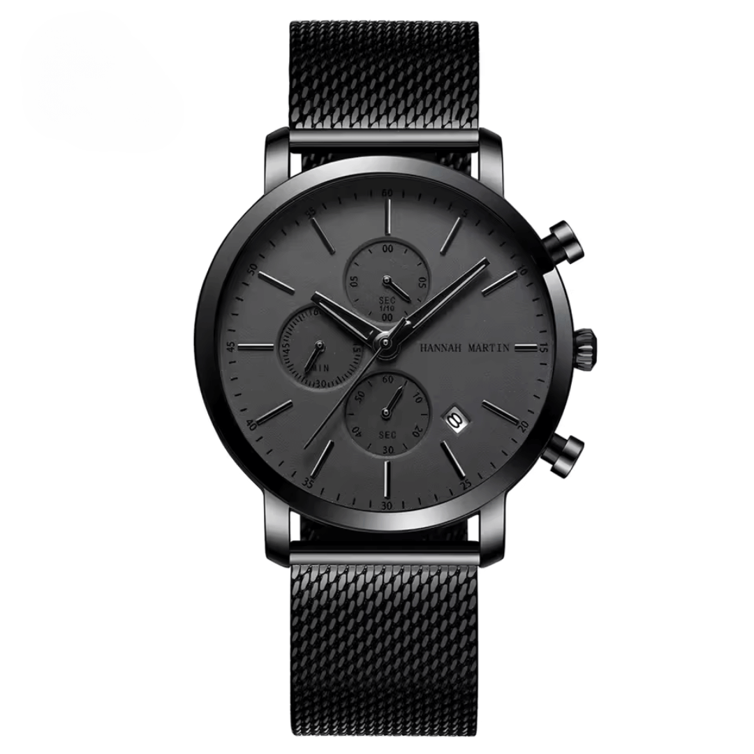 Front view of Obsidian Chrono 44 Watch with monochrome dial, highlighting stainless steel case and mesh band, limited edition.