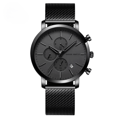 Front view of Obsidian Chrono 44 Watch with monochrome dial, highlighting stainless steel case and mesh band, limited edition.