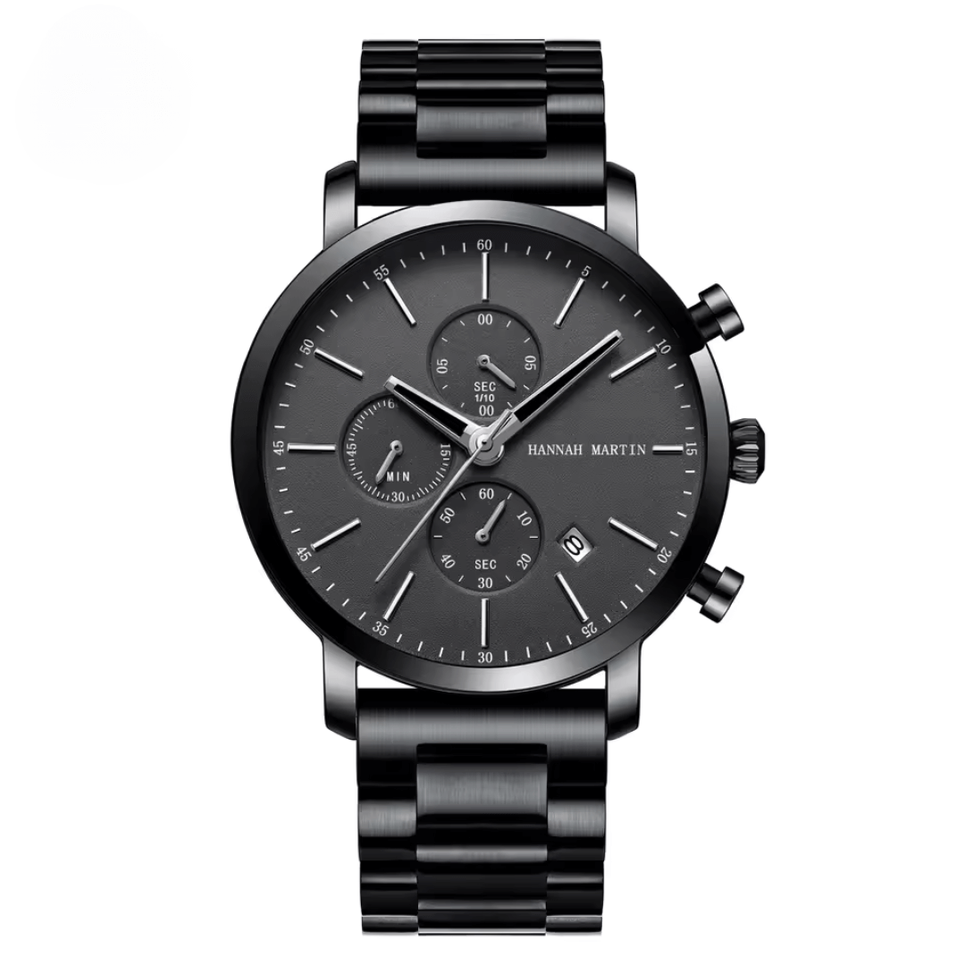 Obsidian Chrono 44 watch - Limited Edition, 44.5mm stainless steel case, monochrome dial, refined chronograph for modern professionals.