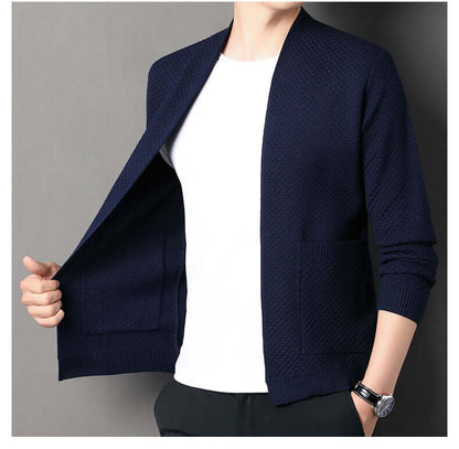 Orvieto Cardigan in navy blue, men's warm sweater with geometric knit, featuring open front and pockets, perfect for cozy winter layering.