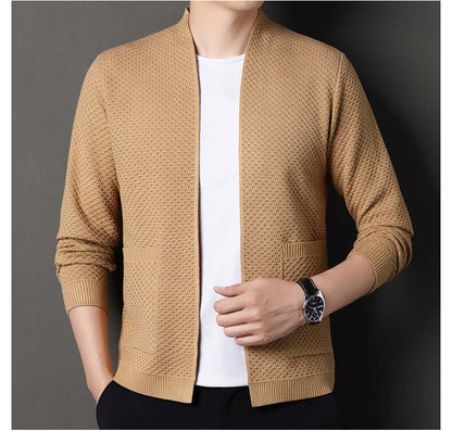 Orvieto Cardigan showcasing warm wool-blend knit with a geometric pattern, open front design, perfect for men's winter style and layering.
