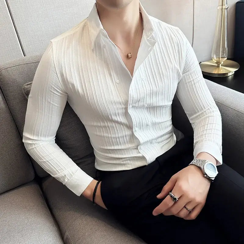 Oxford Stripe Shirt - Men's casual white shirt, featuring a slim fit with vertical stripes for modern versatile style. Breathable and elegant.