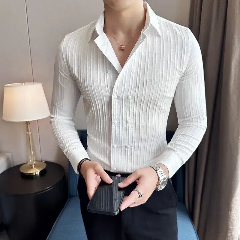 Oxford Stripe Shirt for men, stylish slim-fit design with breathable soft cotton blend, ideal for casual, work, or social occasions.