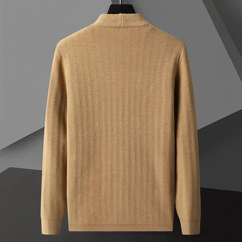 Padova Knit Cardigan showcasing back detailing and soft, warm fabric for men's winter style. Perfect winter knitwear for layering and comfort.