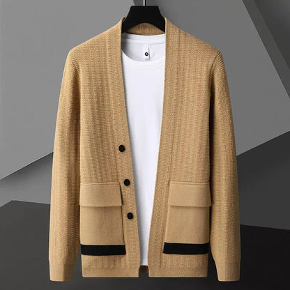 Padova Knit Cardigan - warm men's winter sweater with textured knit, tailored comfort, and flap pockets, ideal for cozy everyday layering.
