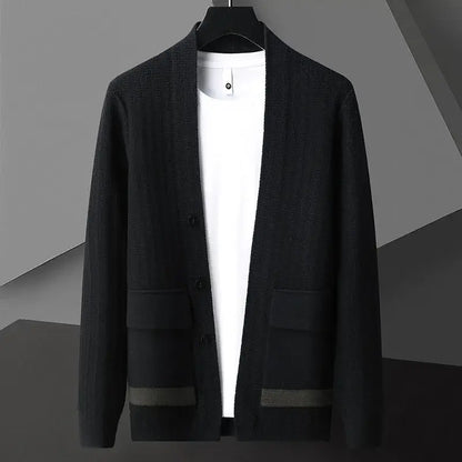 Padova Knit Cardigan - men's winter sweater with tailored fit, bold accents, and flap pockets. Warm, cozy knitted sweater for everyday winter wear.
