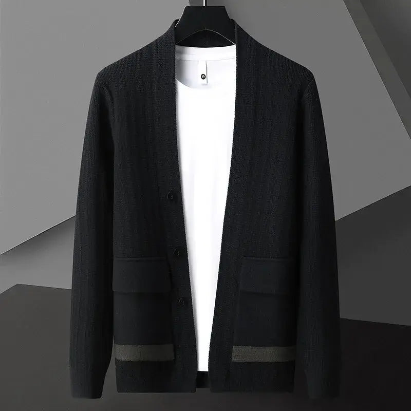 Padova Knit Cardigan - men's winter sweater with tailored fit, bold accents, and flap pockets. Warm, cozy knitted sweater for everyday winter wear.