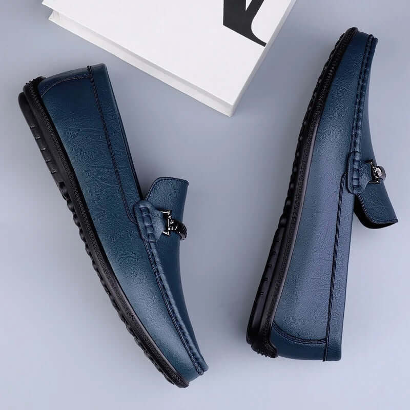 Pienza Genuine Leather Loafers with sleek metallic detail, perfect men's leather loafers for formal and casual style, slip-on luxury elegance.