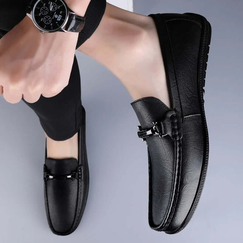 Pienza Genuine Leather Loafers with metallic rope accent, showcasing slip-on design and premium craftsmanship for formal men's style.