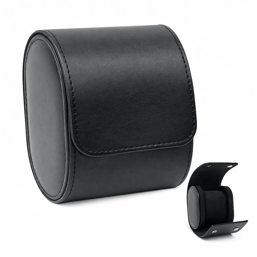 Premium Leather Watch Roll Travel Case - Secure Storage Organizer in elegant black design, perfect for watch protection on the go.