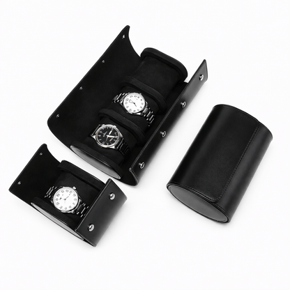 Premium Leather Watch Roll Travel Case - Secure Storage Organizer with watches displayed inside, offering elegant protection and style.