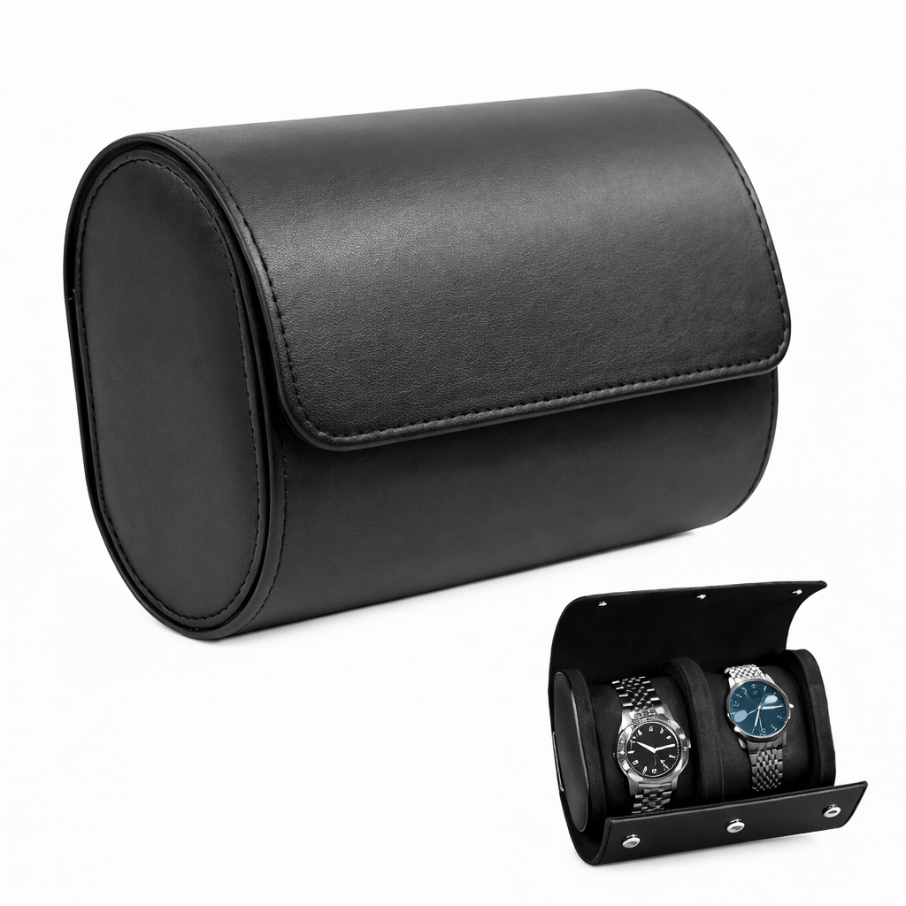 Premium Leather Watch Roll Travel Case - Secure Storage Organizer, elegant black design holds multiple watches for safe travel.