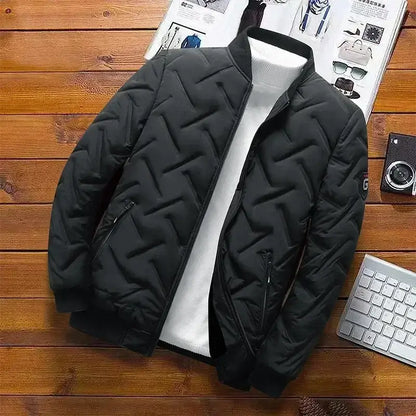 Black Puffer Jacket for Men Windproof Thermal Coat displayed on a wooden surface with accessories, perfect for winter warmth.