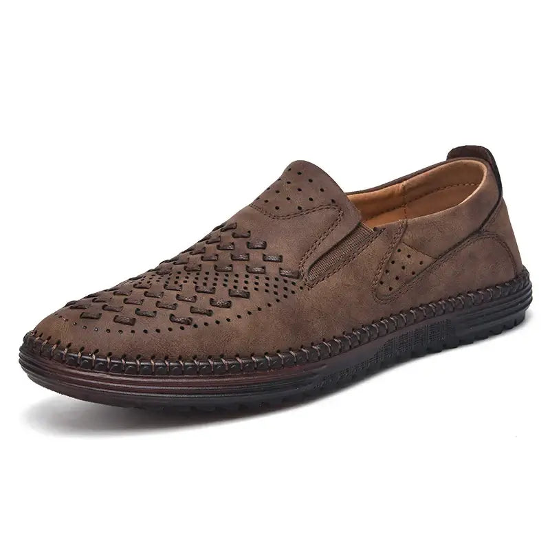 Roma Genuine Leather Loafers with perforated design, woven accents, and orthopedic insole. Luxurious men's slip-on formal loafers in premium brown leather.