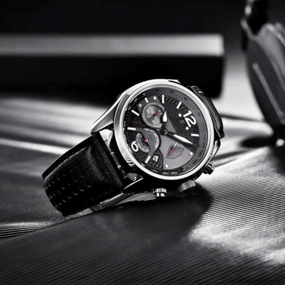 Rovanni Aero – Pilot Chronograph watch with black leather strap on sleek surface, showcasing intricate aviation-inspired design.