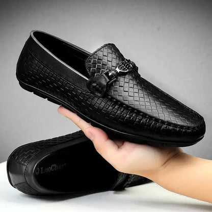 Sartoro Leather Loafers with metal buckle showcasing luxury and comfort in a textured design, the perfect formal slip-on leather shoes for men.