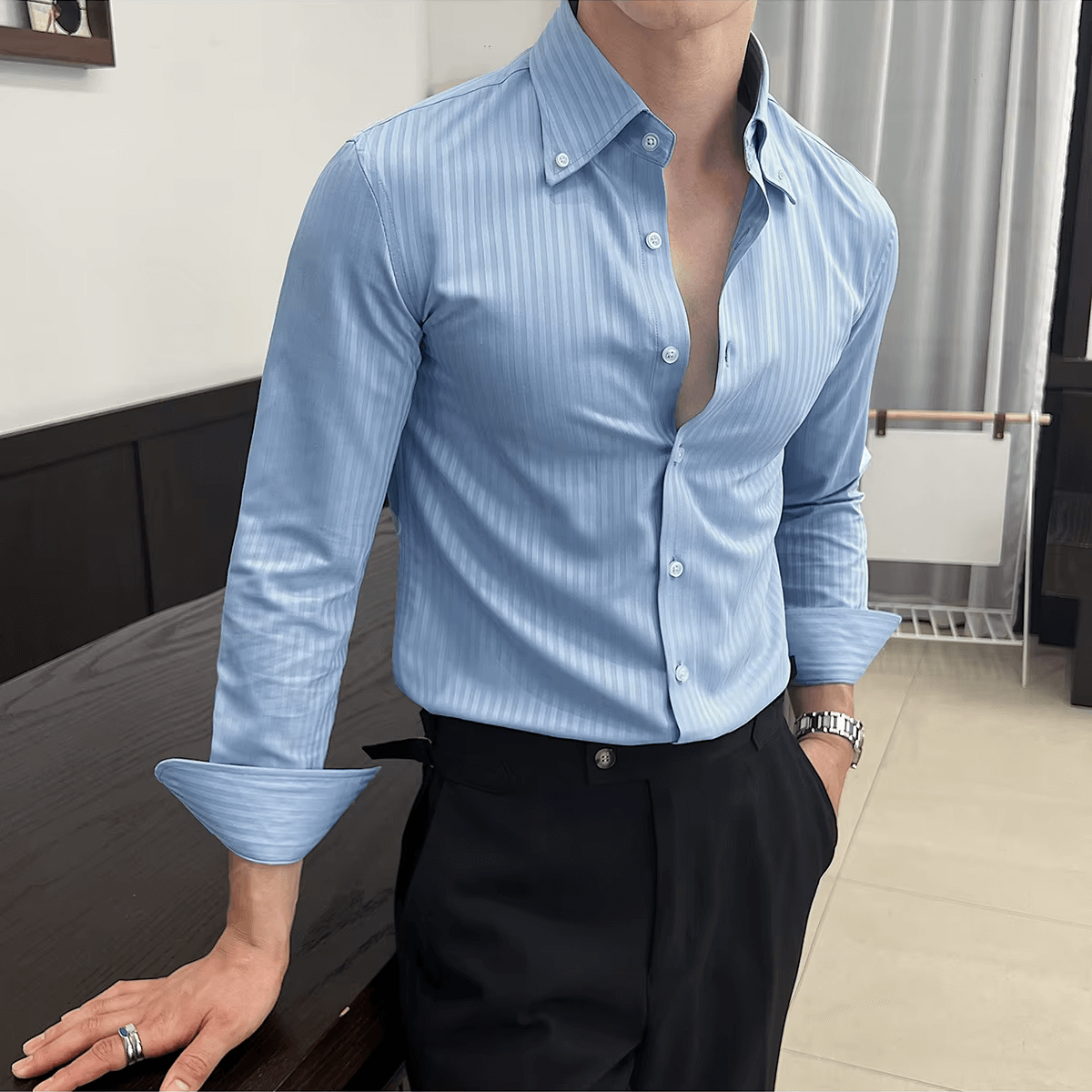 Savile Dress Shirt with slim fit, breathable fabric, perfect for men's casual outings, work, and social events. Stylish men's shirt.