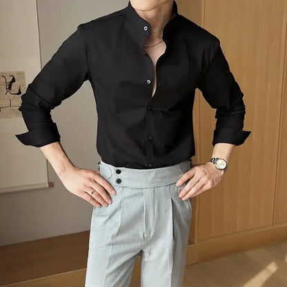 Man wearing Sterling Dress Shirt with premium spandex blend, showcasing stylish men's casual shirt ideal for work and social occasions.